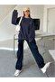 Women's Navy Blue Staggertly Printed Crew Neck Sweatshirt - 5