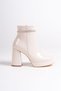 Medium Thick High Heeled Patent Leather Cream Shiny Stone Strip Detailed Zippered Short Classic Boots Bootie - 5