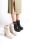 Medium Thick High Heeled Skin Black Shiny Cross Stone Detailed Zippered Short Classic Boots Bootie - 8