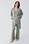 Long Sleeve Lace Detailed Buttoned Spanish Flared Flexible Viscose Maternity Dressing Gown Pajama Set