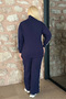 Women's Navy Blue Striped Collar Zippered Lycra Cotton Camisole Plus Size Bottom Top Set - 5