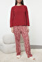 Kırmızı Leopar Desenli Polar Kışlık Örme Pijama Takımı THMAW25PT00123 - 3
