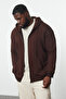 Kahverengi Büyük Beden Oversize Basic Kapüşonlu Fermuarlı İçi Polar Pamuk Sweatshirt TMNAW24AO00003