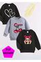 Girl's Printed Black-Grey-Black Triple Crew Neck Sweatshirt with Fleece Inside