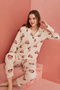 Beige Bear Patterned Long Sleeve Knitted Buttoned Front Pajama Set