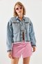 Women's Blue Embroidery Detailed Skirt Tasseled Denim Jacket 2406 60251787 - 3