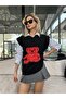 Black Red Teddy Bear Stone Detailed V-Neck Oversize Sweater - 3