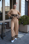 Crew Neck Long Sleeve Leaf Pattern Short Sweater Pipe Leg Waist Elastic Trousers Knitwear Two Pieces Set - 4