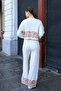 Crew Neck Long Sleeve Leaf Pattern Short Sweater Pipe Leg Waist Elastic Trousers Knitwear Two Pieces Set - 2