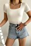 Women's Short Sleeve Square Neck White Solid Color Viscose Blouse - 4