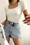 Women's Short Sleeve Square Neck White Solid Color Viscose Blouse - 5