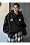 Women's Black Daily Printed Oversize Hooded Sweatshirt Hoodie - 6
