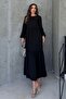 Women's Black Crew Neck Long Sleeve Ruffled Dress - 4