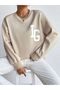 Women's 3 Thread Beige Ig Printed Crew Neck Sweatshirt - 5