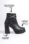 Medium Thick High Heeled Skin Black Shiny Cross Stone Detailed Zippered Short Classic Boots Bootie - 3