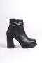 Medium Thick High Heeled Skin Black Shiny Cross Stone Detailed Zippered Short Classic Boots Bootie - 6