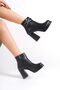 Medium Thick High Heeled Skin Black Shiny Cross Stone Detailed Zippered Short Classic Boots Bootie - 5