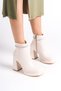 Medium Thick High Heeled Patent Leather Cream Shiny Stone Strip Detailed Zippered Short Classic Boots Bootie - 4