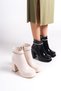 Medium Thick High Heeled Patent Leather Cream Shiny Stone Strip Detailed Zippered Short Classic Boots Bootie - 8