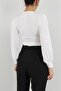 Women's Ecru Deep V-Neck Waist-Banded Crop Sandy Knitted Blouse 6808 - 4