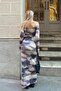 Beige Batik Patterned Strappy Women's Midi Dress with Side Low-cut Detail and Slit - 5