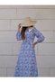 Collar Detailed Vintage Pocketed Buttoned Flower Patterned Blue Fairytale Dress