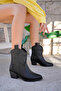 Women's Black Leather Flat Embroidery Free Short Heeled Cowboy Boots - 2