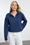 Indigo Selanik/Triko Görünümlü Fermuarlı Yaka Regular/Normal Kalıp Örme Sweatshirt TWOAW22SW0732 - 5