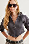 Women's Anthracite Corset Detailed Hooded Cropped Sweatshirt Swt-19000657 - 4