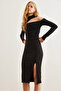 Women's Black Asymmetrical Slit Slim Ribbed Midi Skirt Etk-19000276 - 4