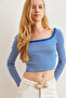 Women's Cobalt Blue Pool Collar Striped Stretchy Crop Blouse Blz- 19002725 - 2