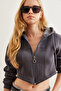 Women's Anthracite Corset Detailed Hooded Cropped Sweatshirt Swt-19000657