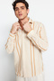 Camel Regular Fit Çizgili Keten Dokulu Gömlek TMNSS23GO00056 - 4