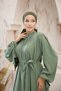 Women's Dress with Hijab Collar and Gathered Sleeves and Ribbon - 2