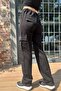 Crystal Rhinestone Relaxed Fit Two Thread Cotton Black Women's Stylish Sweatpants with Cargo Pockets