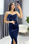 Women's Navy Blue Stone Thin Strap Velvet New Season Evening Dress - 2