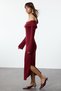 Burgundy Fitted Carmen Collar Soft Textured Midi Stretchy Knitted Pencil Dress Twoaw24El00803 - 2