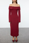 Burgundy Fitted Carmen Collar Soft Textured Midi Stretchy Knitted Pencil Dress Twoaw24El00803 - 3