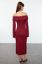 Burgundy Fitted Carmen Collar Soft Textured Midi Stretchy Knitted Pencil Dress Twoaw24El00803 - 5