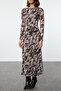 Kahverengi Baskılı Büzgü / Drape Maxi Örme Elbise TWOAW25EL00408 - 3