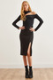 Women's Black Asymmetrical Slit Slim Ribbed Midi Skirt Etk-19000276
