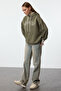 Haki Kalın İçi Polarlı Triko Bant Detaylı Kapüşonlu Örme Sweatshirt TWOAW22SW1806 - 2