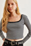 Women's Black Pool Collar Striped Stretchy Crop Blouse Blz- 19002725 - 3