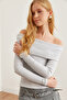 Women's Gray Striped Madonna Collar Stretchy Blouse Blz- 19002724