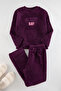Mor Sloganlı ve Kalpli Peluş/Wellsoft Örme Pijama Takımı TBBAW25AI00051 - 3