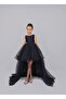 Girl Child Front short Back Long Tail Detailed BLACK Satin Ball Gown Party Graduation Dress - 3