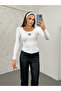 Women's White Embroidery Detailed Square Neck Ribbed Knit Bodysuit - 2