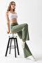 Women's khaki high waist gathered flexible front ribbed modal fabric spanish leg leggings pants - 4