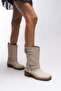 Galmicca Women's Buckle Detailed Short Biker Boots 00123022 Matte Beige - 4