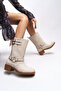 Galmicca Women's Buckle Detailed Short Biker Boots 00123022 Matte Beige - 3